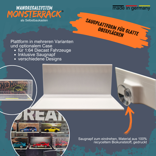 Detailaufnahme einer weißen Plattform mit eingedrehtem Saugnapf. Hinweise auf das Material aus 100 % recyceltem Biokunststoff. Zusätzliche kleine Bilder zeigen verschiedene Designoptionen und aufgestellte Modellautos.