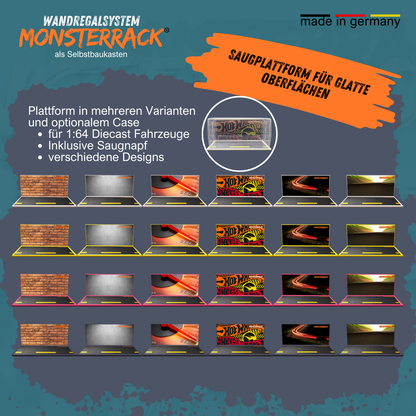 Übersicht verschiedener Designvarianten des „Monsterrack“-Wandregalsystems für 1:64-Diecast-Fahrzeuge. Gezeigt werden mehrere Plattformen mit unterschiedlichen Hintergrundmotiven und farbigen Rahmen. Hinweis auf die Saugnapfbefestigung für glatte Oberflächen.